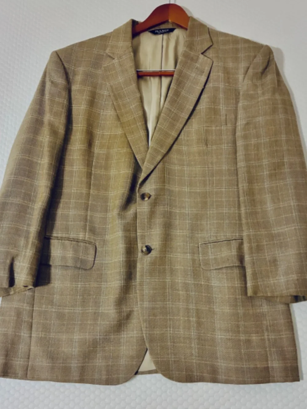 JOS A BANK MENS 52% SILK 48% WOOL 2 BUTTON SPORT COAT/BLAZER SZ 42 R PLAID WHEAT
